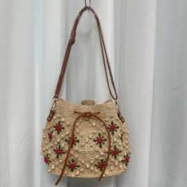 韩版天然手钩拉菲草编织包立体玫瑰花手提包编织包单肩女包沙滩包