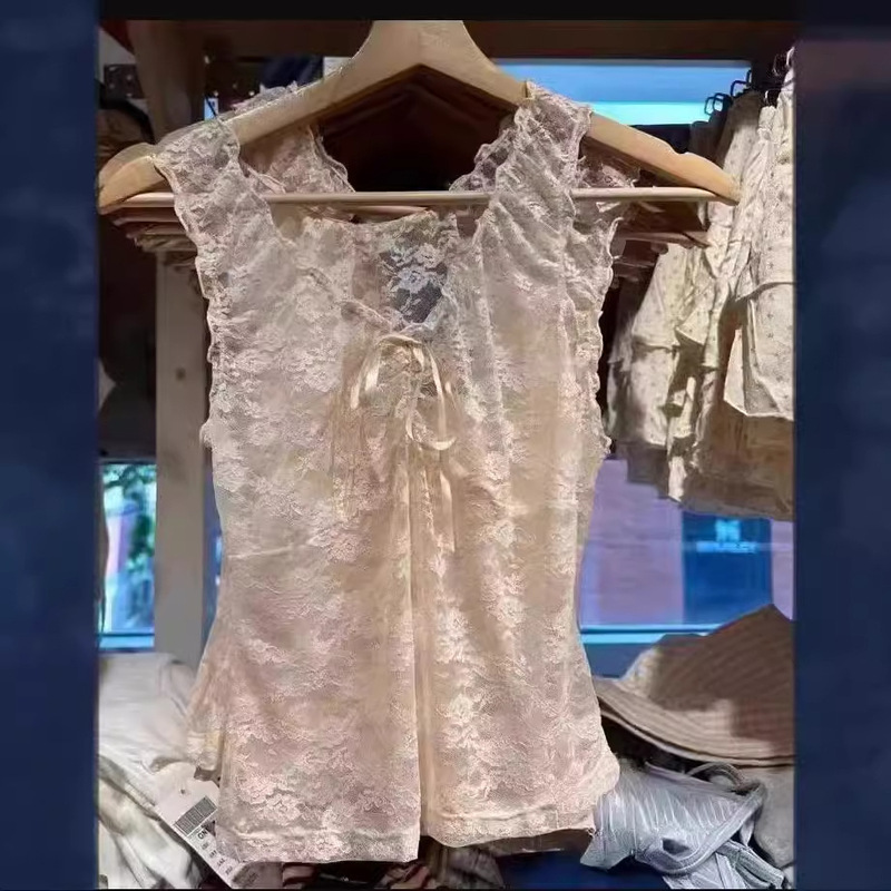 BM Style Flat for Lace Mesh Bow Wood Ear Sleeveless Vest Women's Bm Perspective Sexy Thin Hollow Top