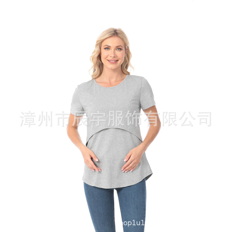 ゆるいアーチ型デザイン哺乳服外出ファッション辛い母親妊婦半袖tシャツ授乳服欧米大サイズ女装|undefined