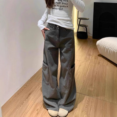 灰色阔腿工装裤女秋季新款大码宽松梨形身材显瘦直筒休闲裤