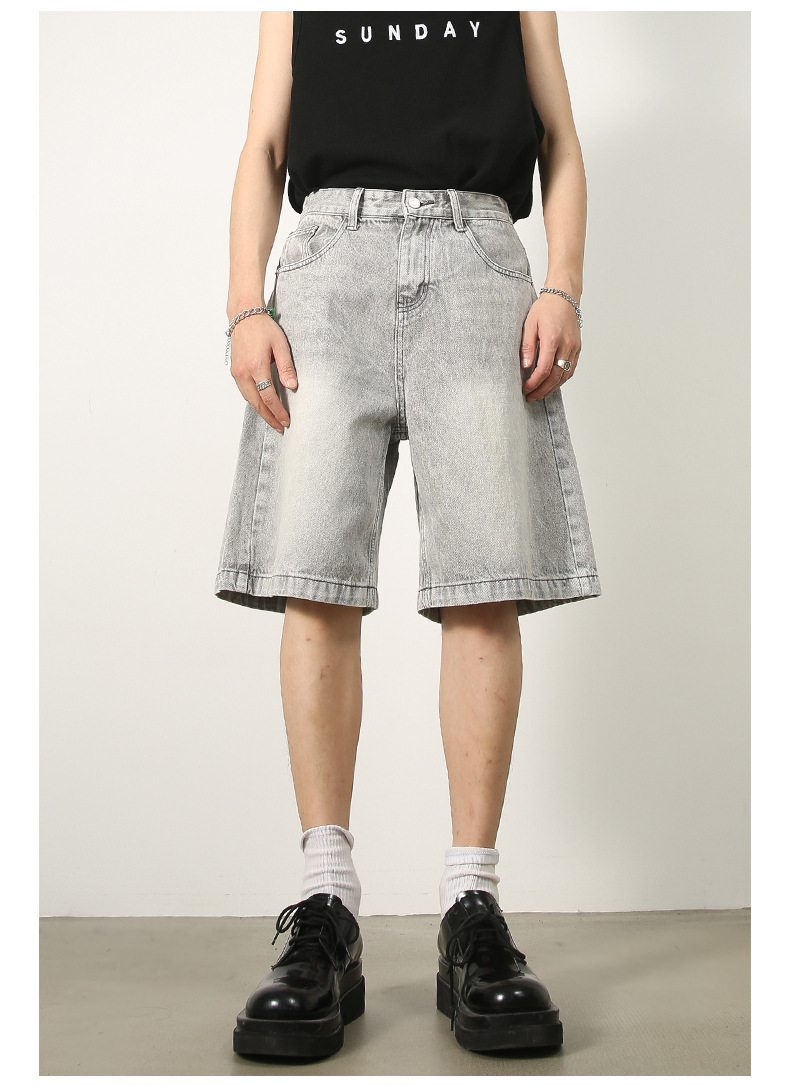 Men's Summer Retro Distressed Blue Denim Shorts Loose Straight Versatile Hot Pants Trendy American Style_mkmklike.com