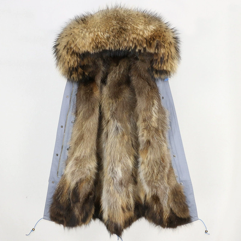 Raccoon‑dog fur mid‑length parka with large fur hood, water‑resistant outer, sizes XS–XXL