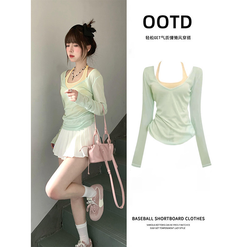 Mint Green Sheer Blouse Women's Camisole Two-Piece Set Mesh Trendy Outfit Long-Sleeve Dopamine Fashion Mint Green Sheer Blouse Women's Camisole Two-Piece Set Mesh Trendy Outfit Long-Sleeve Dopamine Fashion