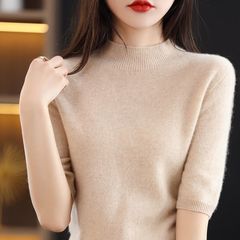 【限定奪い】早秋のセーターの新型の洋気のニットの上の等級の5分の袖のゆったりしている半高襟のセーターの女性