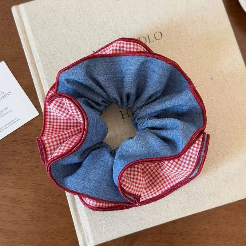 76#Red and blue color-blocked plaid four-layer scrunchie, approximately 15cm