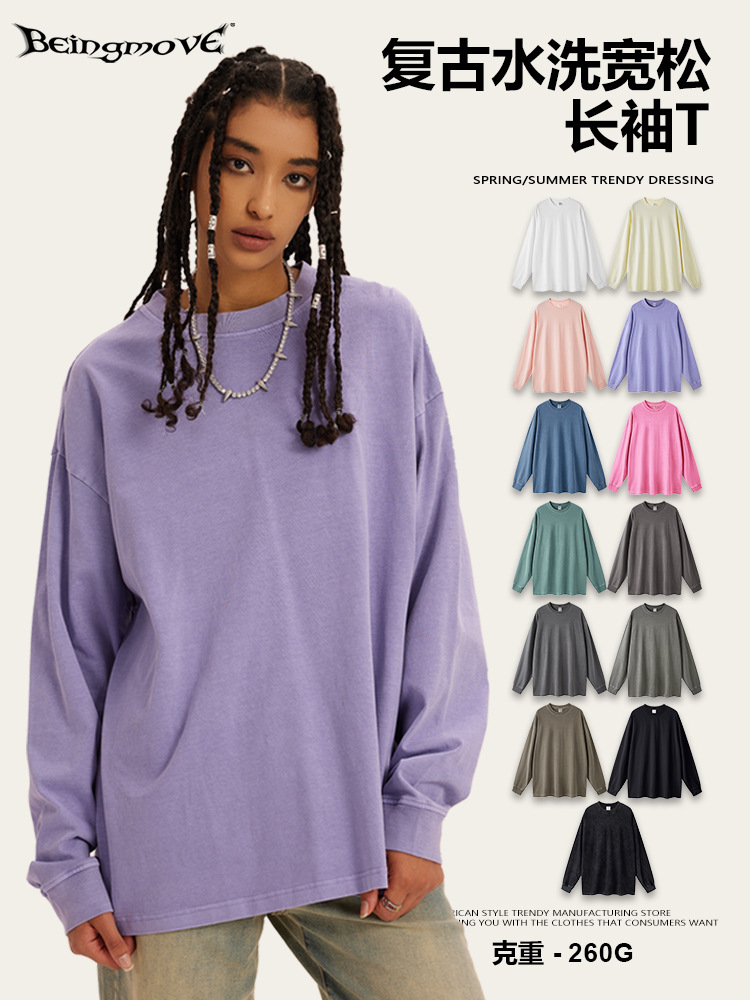 2025 otoño marca de moda americana hacer vieja lavado color macarón oversize cuello redondo suelto camiseta de manga larga moda masculina