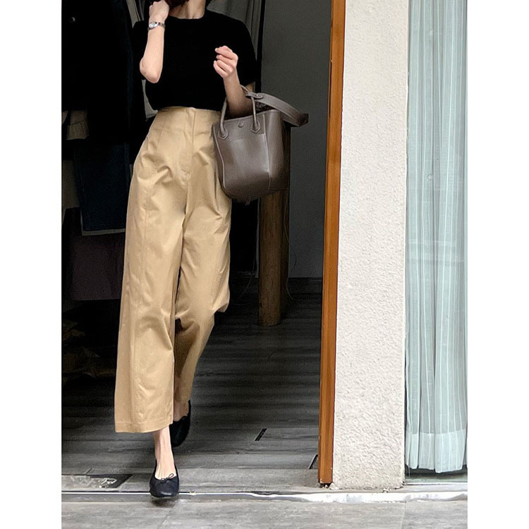 Khaki High-Waisted Narrow Straight Wide-Leg Pants for Women Spring and Summer Thin Casual Draped Nine-Point Pants Suit Pants