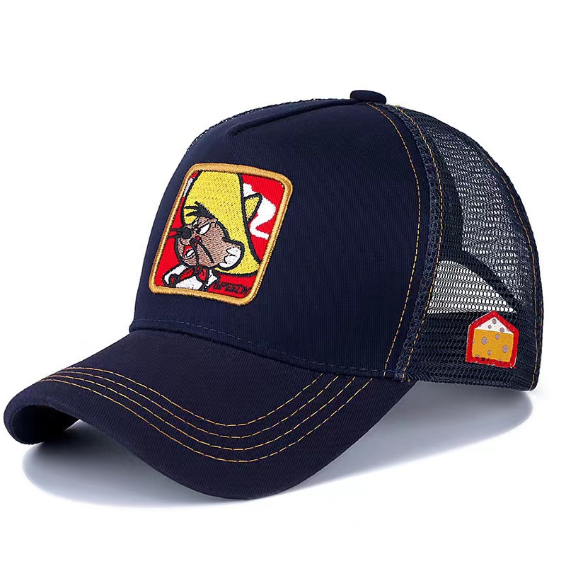 2024 nueva gorra bordada de anime de pato de dibujos animados, gorra de conductor de camión, gorra de béisbol de malla extraña de boca grande
