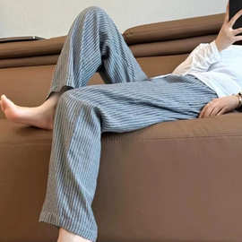 灰色抽绳条纹棉麻阔腿裤女小个子夏季新款高腰垂感松弛感休闲长裤