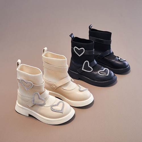 Girls' short boots  autumn and winter new children's socks boots black Martin boots children's boots knitted non-slip soft sole shoes