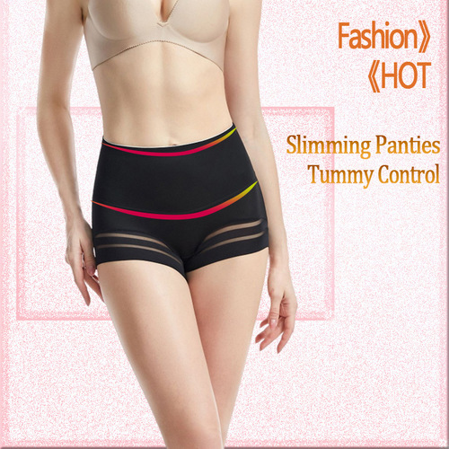 Cross-border women's mid-waist shaping underwear double-layered waist pants women's briefs striped mesh large size pure cotton crotch tummy pants