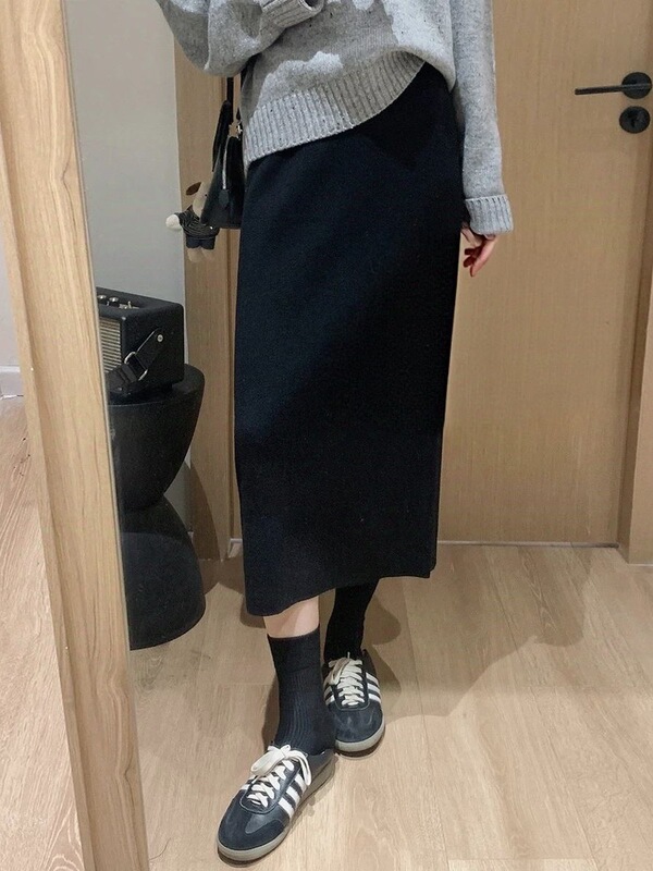 针织半身裙秋冬新款高腰显瘦长款直筒一步裙不开叉裙子包裙A字裙|undefined