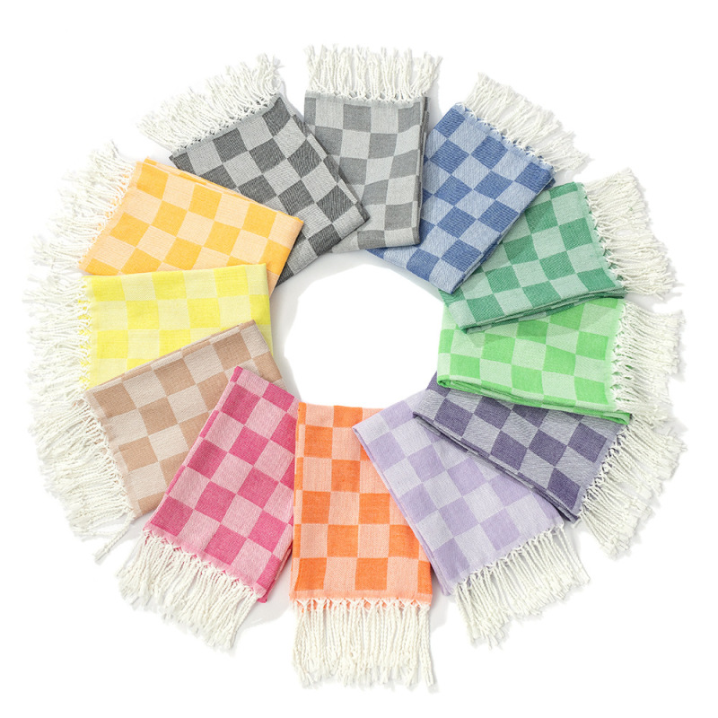 Cross-Border Best-Selling Turkish Beach Towel with Tassels, Checkerboard Pattern, Two-Tone Bath Towel, Sand-Resistant Outdoor Beach Blanket, Can Be Embroidered