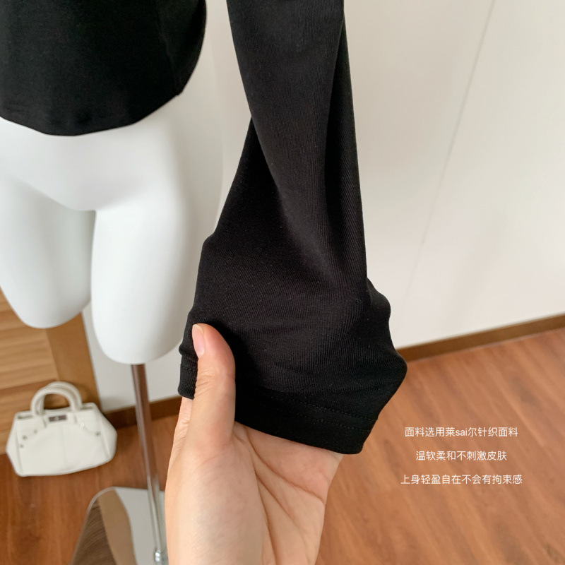 首尔初秋 黑色V领假两件天丝T恤女早秋显瘦内搭打底上衣|undefined