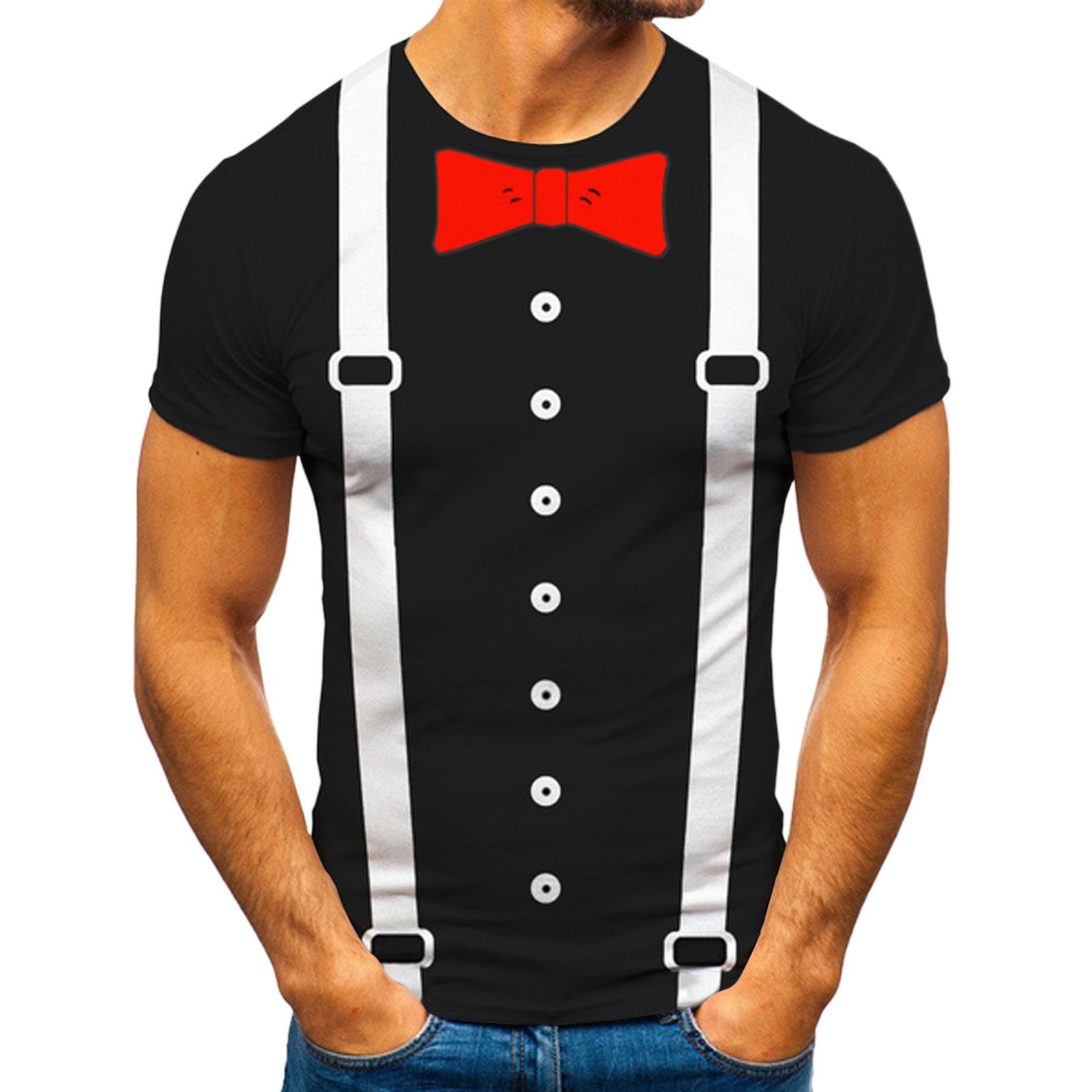 Camiseta suelta para hombre de verano europeo y americano traje de moda falso de dos piezas cuello redondo de manga corta proceso de impresión digital 3D