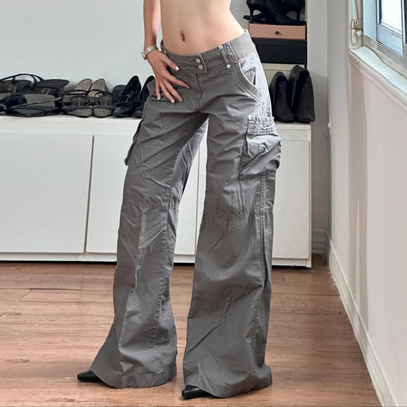 Low Price Clearance # Retro Multi-Pocket Gray Cargo Pants, Loose Straight-Leg Pleated Low-Rise Cool and Stylish Denim Trousers