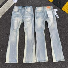 跨境PU美式高街轻奢潮牌破洞微喇叭拼接牛仔裤男女同款修身休闲装