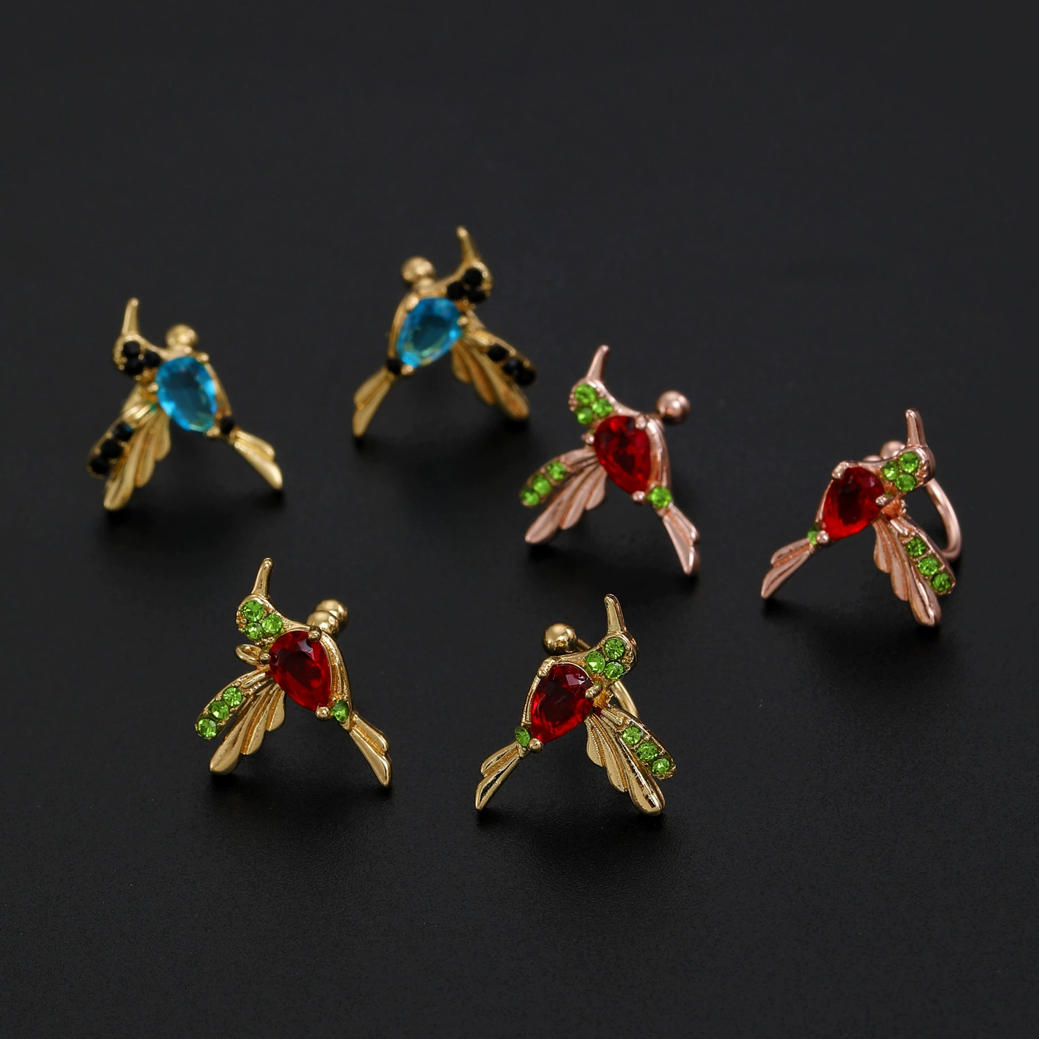 Long Hummingbird Drop Earrings, delicate chain, multi-color plated, 6.16 cm