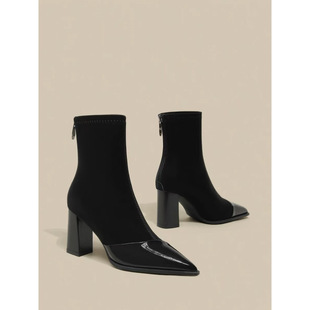 French Style Retro Pointed Thick Heel Thin Boots Women's High Heel 2024 Autumn and Winter New Style Rear Zipper Stitching Short Boots Simple Women