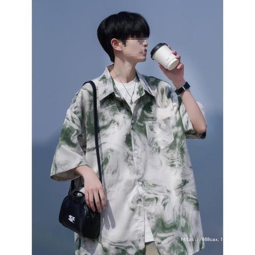 Hawaiian Beach Shirt Men's Short Sleeve Summer American Retro Tie-Dye High-End Cool Gangster Chiffon Floral Shirt
