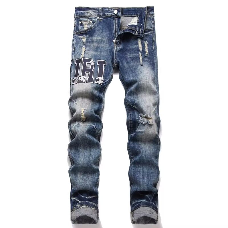 Trendy Personalized Casual New Men's Slim Fit Embroidered Jeans with Patches and Ripped Details Trendy Personalized Casual New Men's Slim Fit Embroidered Jeans with Patches and Ripped Details