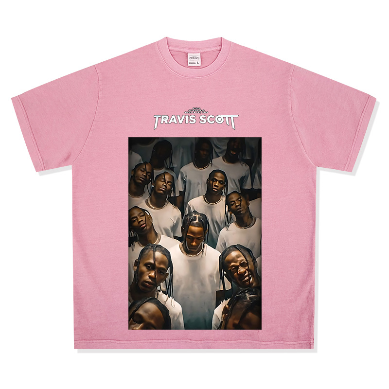 Bc Europa y América calle hip hop Travis Scott rap personaje impreso lavado apenado suelta manga corta Camiseta de los hombres