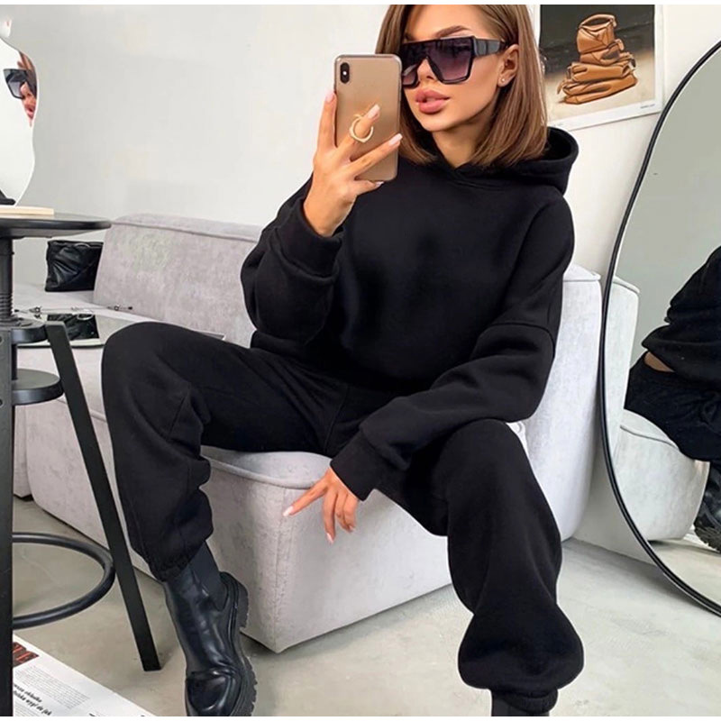 1042g Weight Long Sleeve Sleeve Length Cotton Blend, Polyester Fabric Type Pants Sets Sets Type 2 Pieces Set Quantity Holiday, Daily Occasion Hooded Neckline Loose Fit Type Solid Color Pattern Winter, Autumn Season Women's Gender Streetwear Style Women's Hoodies Sets Long Sleeve Streetwear Solid Color 4
