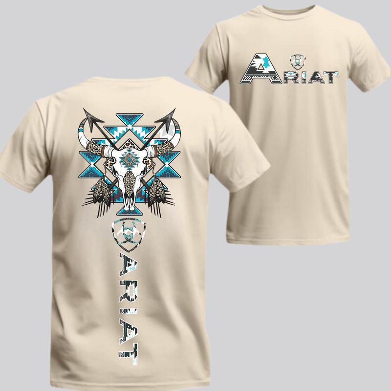 Specially Designed for Cross-Border Cotton Ariat T-Shirt - Western Tribal Bull Skull Graphic,