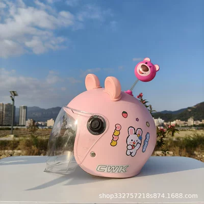 National Standard 3C Certified Kidsren's Motosiklet kaskı (dəbilqə) - pink-bunny-high-definition-long-mirror-pink-bear-ears-jumping-bear-suitable-for-small-helmets-aged-1-5-years-old