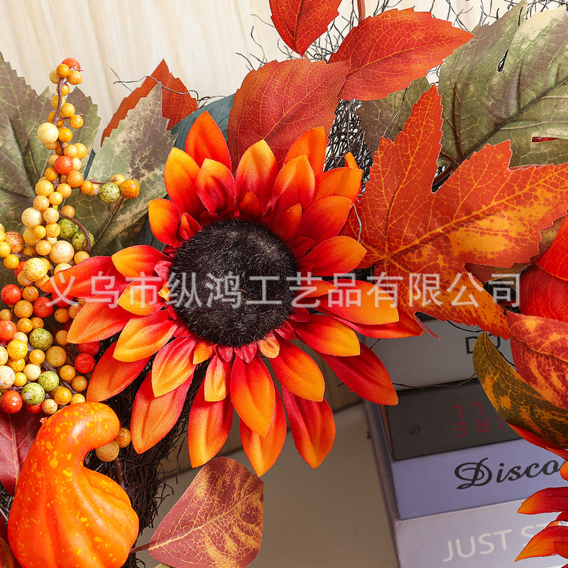 ひまわりとカボチャの装飾花輪、秋色の感謝祭の花輪、アジサイの文字飾り、ドア掛け、カボチャの花輪|undefined