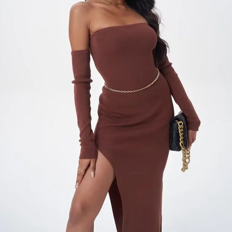 Hot girl oversleeve Sexy Slim-fit off-neck tube top knitted dress women's autumn mid-length side slit hip skirt