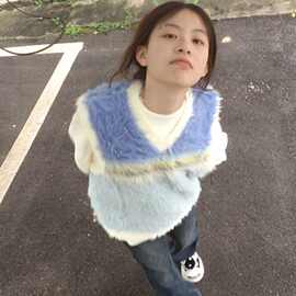 6977#彩虹撞色V领针织衫背心新款复古宽松无袖毛衣情侣坎肩马甲