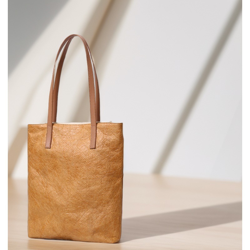 杜邦纸袋定 制印logo图环水洗揉纹牛皮色保单肩手提袋皮革手提