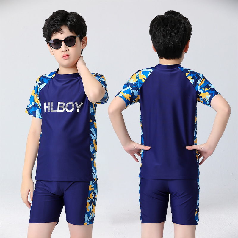 Traje de baño para niños dividido para niños Nuevo camuflaje guapo impreso para niños medianos y grandes traje de baño de secado rápido traje de baño