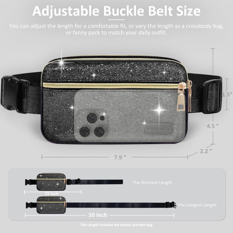 OE Cross-border Women's Mini Fashion Glitter Waist Bag for Hiking, Running, Travel, and Sports, Black, Shiny