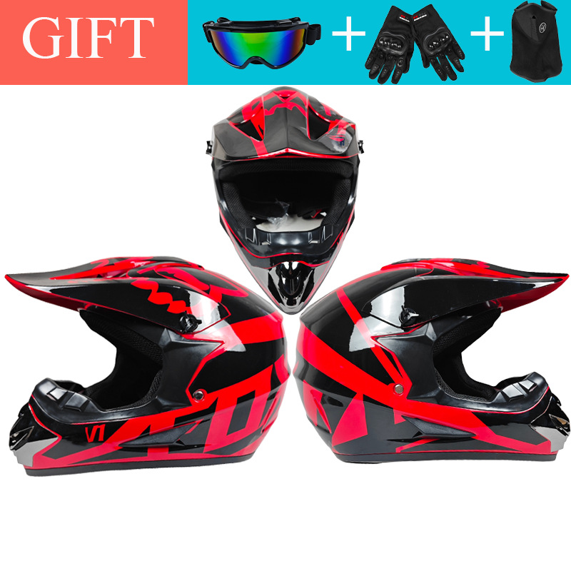 Downhill Karting Helmet, Diàndòngchē Motosiklet kaskı (dəbilqə) - bright-black-red-fox-with-goggles-gloves-mask-s