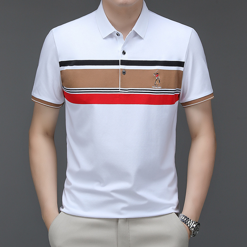 Exclusivo transfronterizo para verano nuevo estilo de algodón bordado de manga corta camiseta de hombre a rayas casual solapa de gran tamaño camisa POLO para hombre