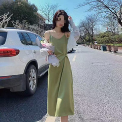 サスペンダードレス新しいハイエンド春夏ボトムフレンチサマーウエスト痩身アセテートサテン気質スカート