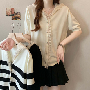 2025 New Summer Hooded French Splicing Lace Knitted Cardigan Women's Large Size Loose Versatile Top