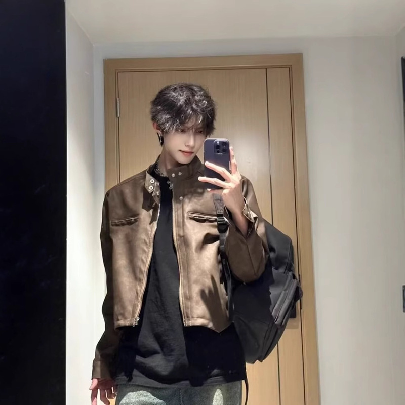 Maillard Wear High Street Ruffian Handsome Jacket Men's PU Leather Niche Design Trendy Brand Short Jacket Men's Retro Brown