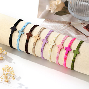 Cross-border Hot-selling Turquoise Cross Hand-woven Hand Rope Unisex Couple Adjustable Bracelet Beach Anklet