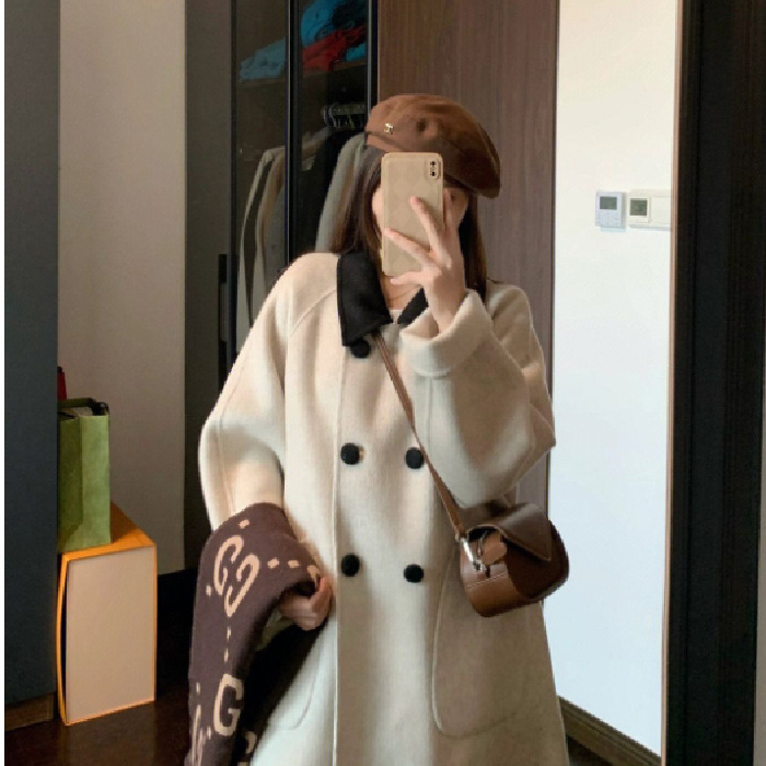 冬季韩系小个子复古撞色翻领短款高级毛呢大衣呢子外套女宽松显高|undefined