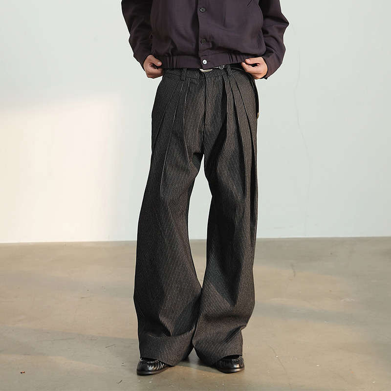 Men's New American Retro A-Line Scimitar Jeans with Three Pleats and Stripes, Drapey Wide-Leg Casual Pants