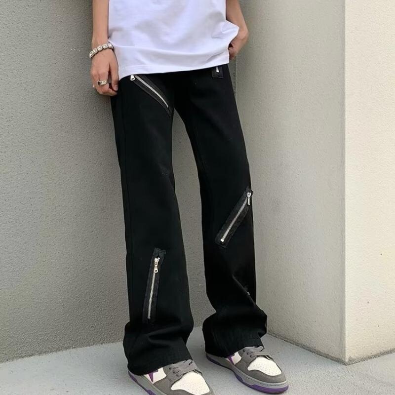 Jeans Men's 2024 Spring New American-style High-street Multi-zipper Design Sense Niche Loose Straight Micro Trousers