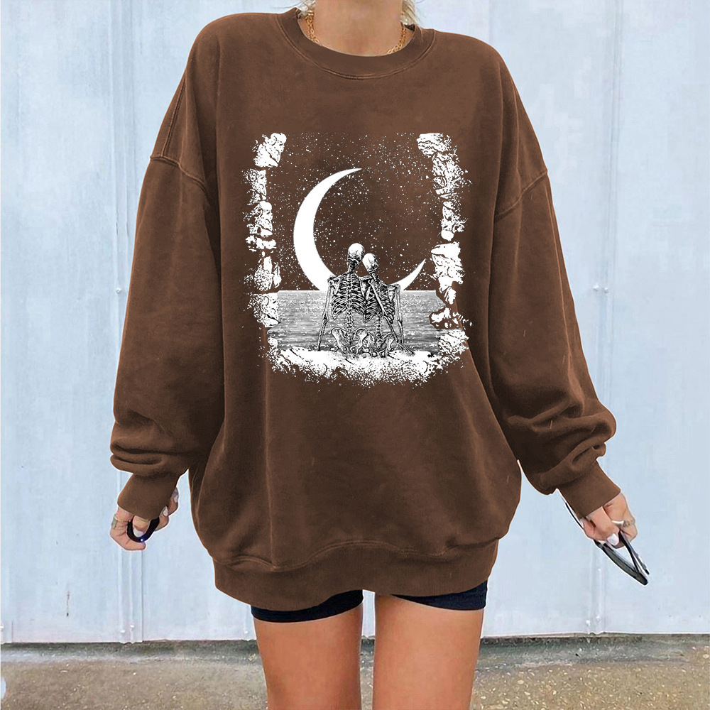 Halloween Skull Print Brushed Shoulder Long Sleeve Sweater Round Neck Women's Casual Top Unisex_voghion.com