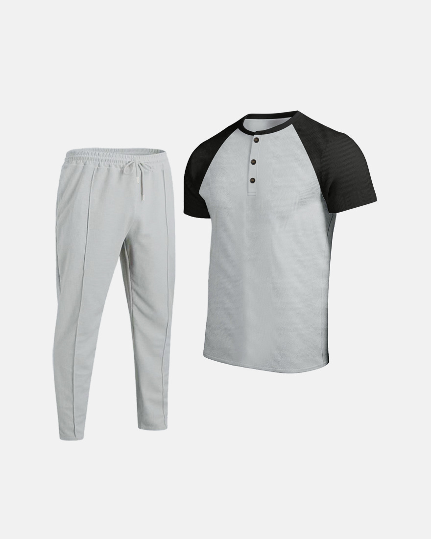 Men's Clothing Men's Summer Waffle Knit Crew Neck Color Block T-Shirt Short Sleeve Casual Outdoor Set For Formal & Casual_viptrois.com