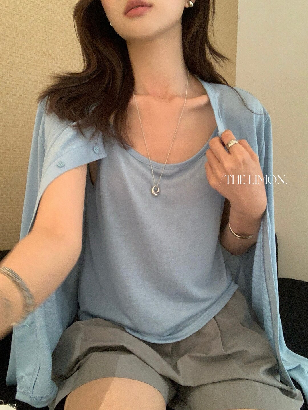 Bộ cardigan len mỏng kèm áo hai dây hai mảnh nữ mùa hè — Xám cacbon, xanh lam, màu hồng, Đậu xanh chi tiết 15