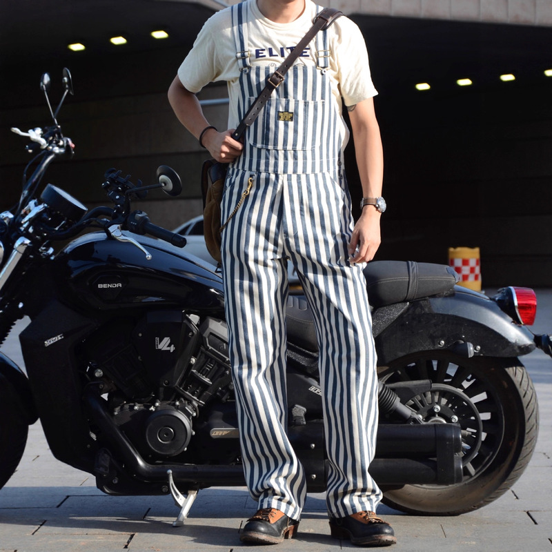 Ame Kaji Vintage Overalls American Retro Motorcycle Denim Suspender Workwear Striped Overalls for Men Ame Kaji Vintage Overalls American Retro Motorcycle Denim Suspender Workwear Striped Overalls for Men