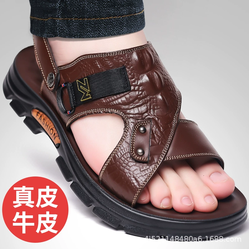 Мужские сандалии 2024, новая летняя модель, универсальные, для папы, из натуральной кожи, повседневные пляжные туфли, сандалии и шлепанцы из воловьей кожи для вождения