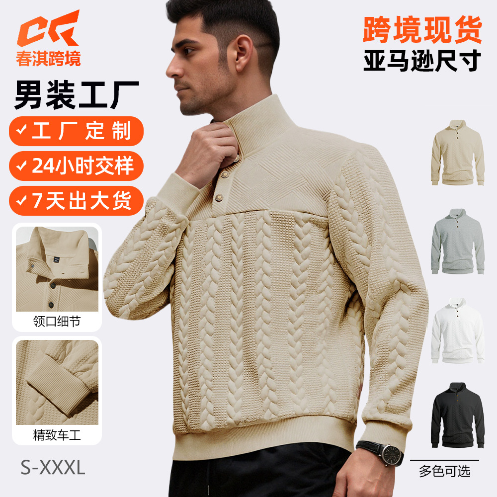 Nuevo cross-border retro americano cuello de cremallera casual hookah holgado tejido pesado empalme otoño invierno camisa de manga larga